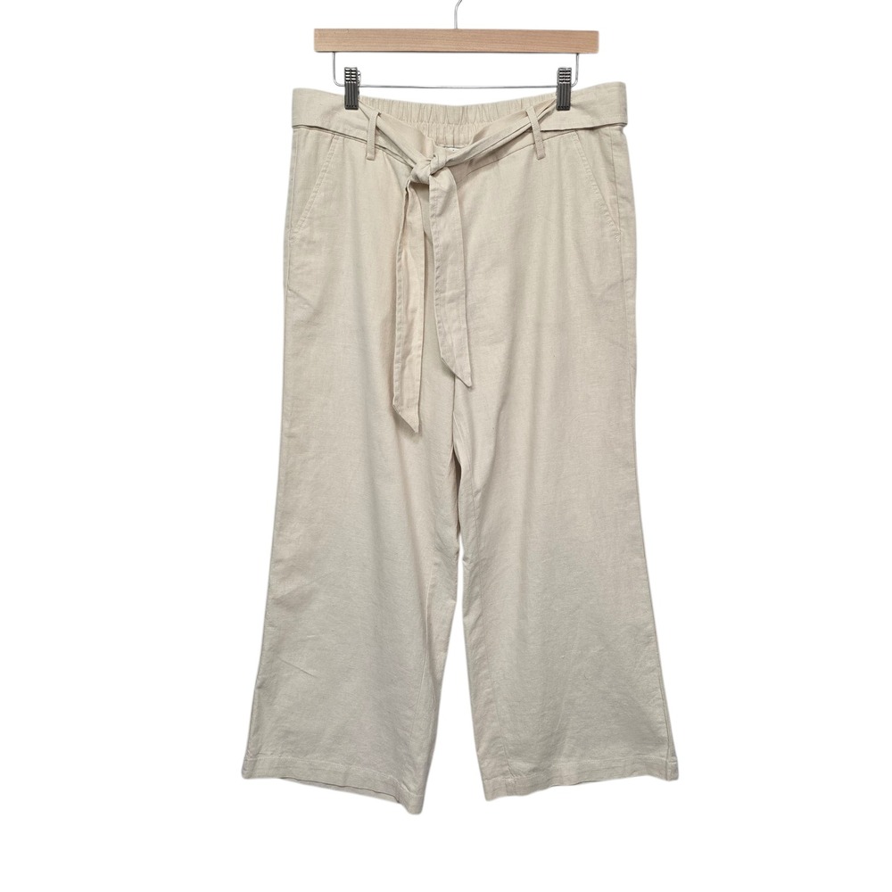 J. Crew Linen Blend Wide‎ Leg Crop Pants Beige Women's Size 14 Belted